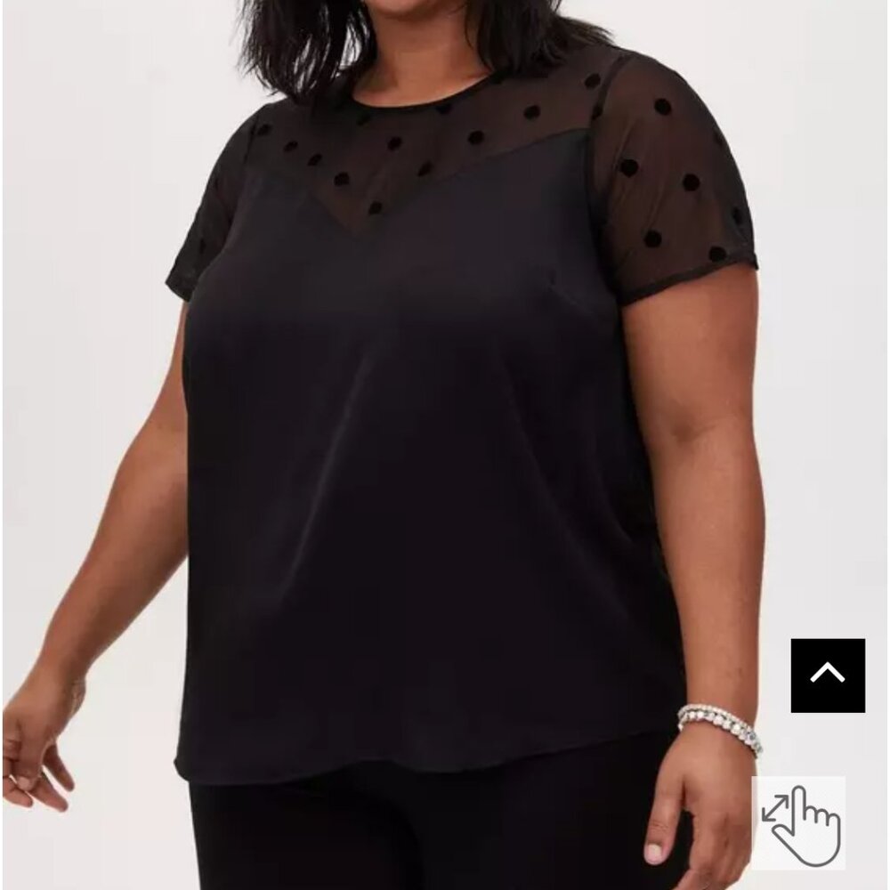 Torrid Size 3 (22/24W) Black Short Sleeve Satin Mesh Swiss Dot Top NWT